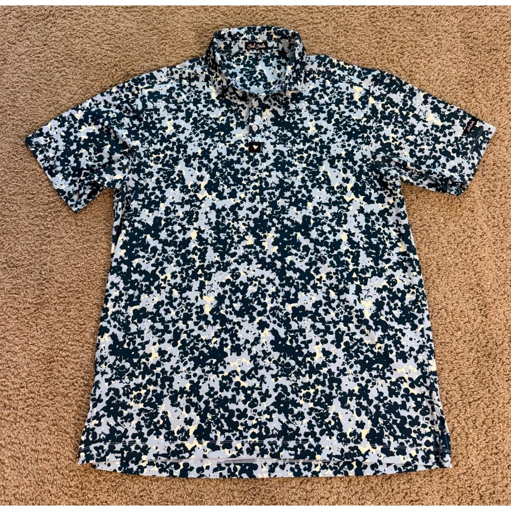 Bad Birdie Mens XL Golf Polo Shirt Blue Yellow Abstract Floral Camo Performance